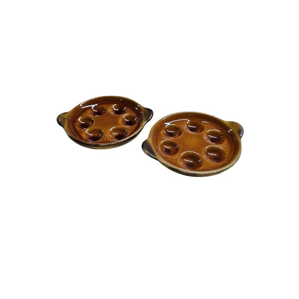 Vintage Escargot Quail Egg Snail Dishes- Set of 2 Appetizers Foodie Green Brown